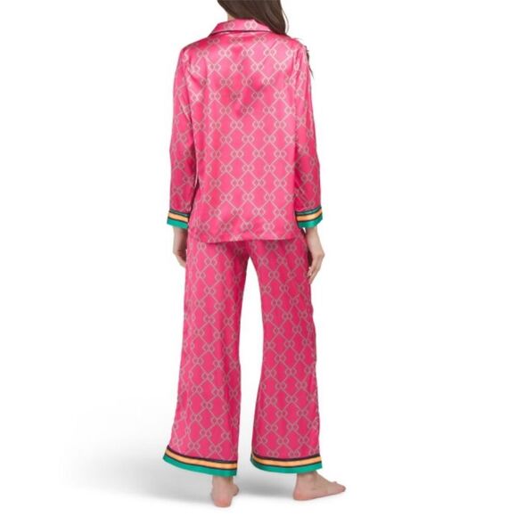 DALIA MACPHEE 2pc Satin Geo Print Pajama Top And Pants Set  in Pink and Green L - Picture 5 of 16